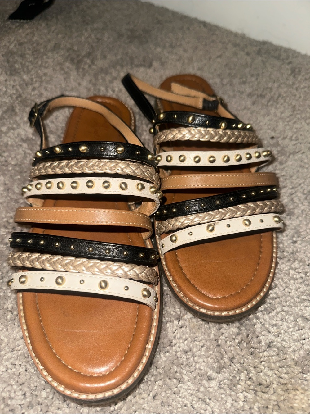 Studded Multi-Strap Flat Sandals Black White Gold Size 10